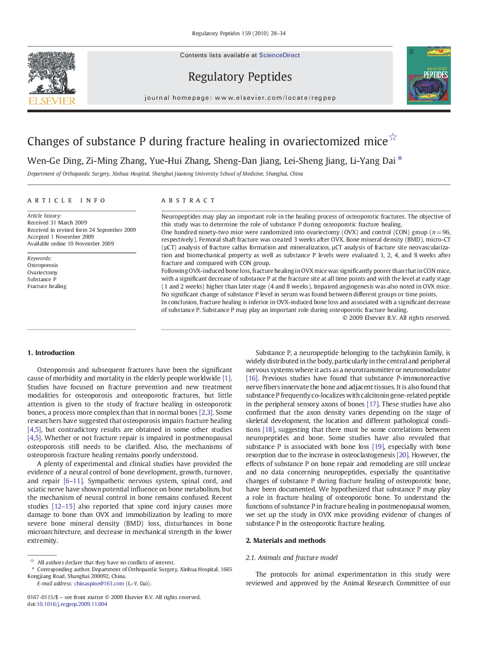 Changes of substance P during fracture healing in ovariectomized mice