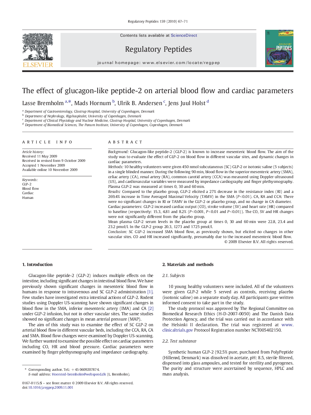 The effect of glucagon-like peptide-2 on arterial blood flow and cardiac parameters