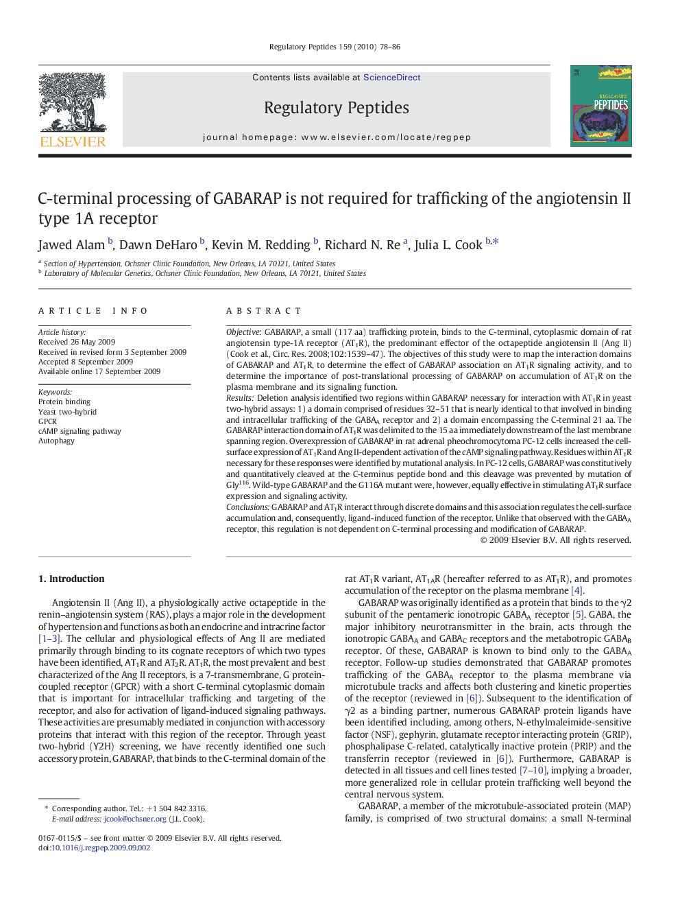 C-terminal processing of GABARAP is not required for trafficking of the angiotensin II type 1A receptor