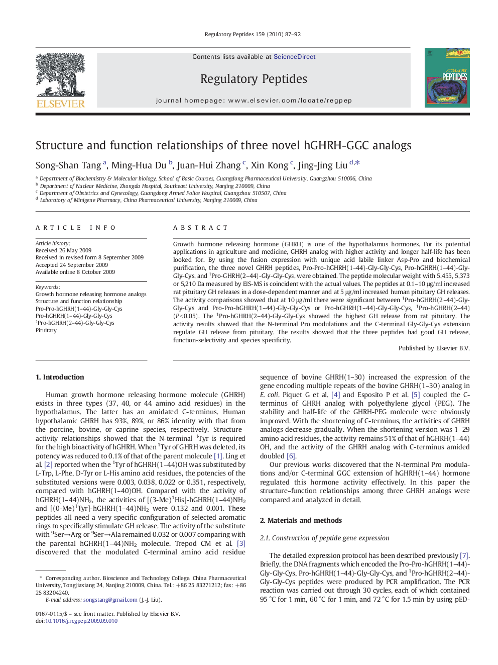 Structure and function relationships of three novel hGHRH-GGC analogs