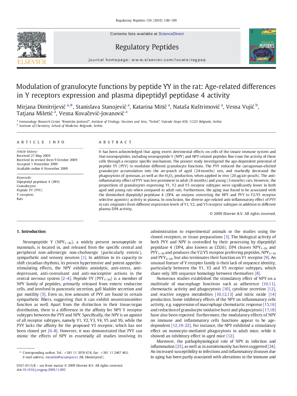 Modulation of granulocyte functions by peptide YY in the rat: Age-related differences in Y receptors expression and plasma dipeptidyl peptidase 4 activity