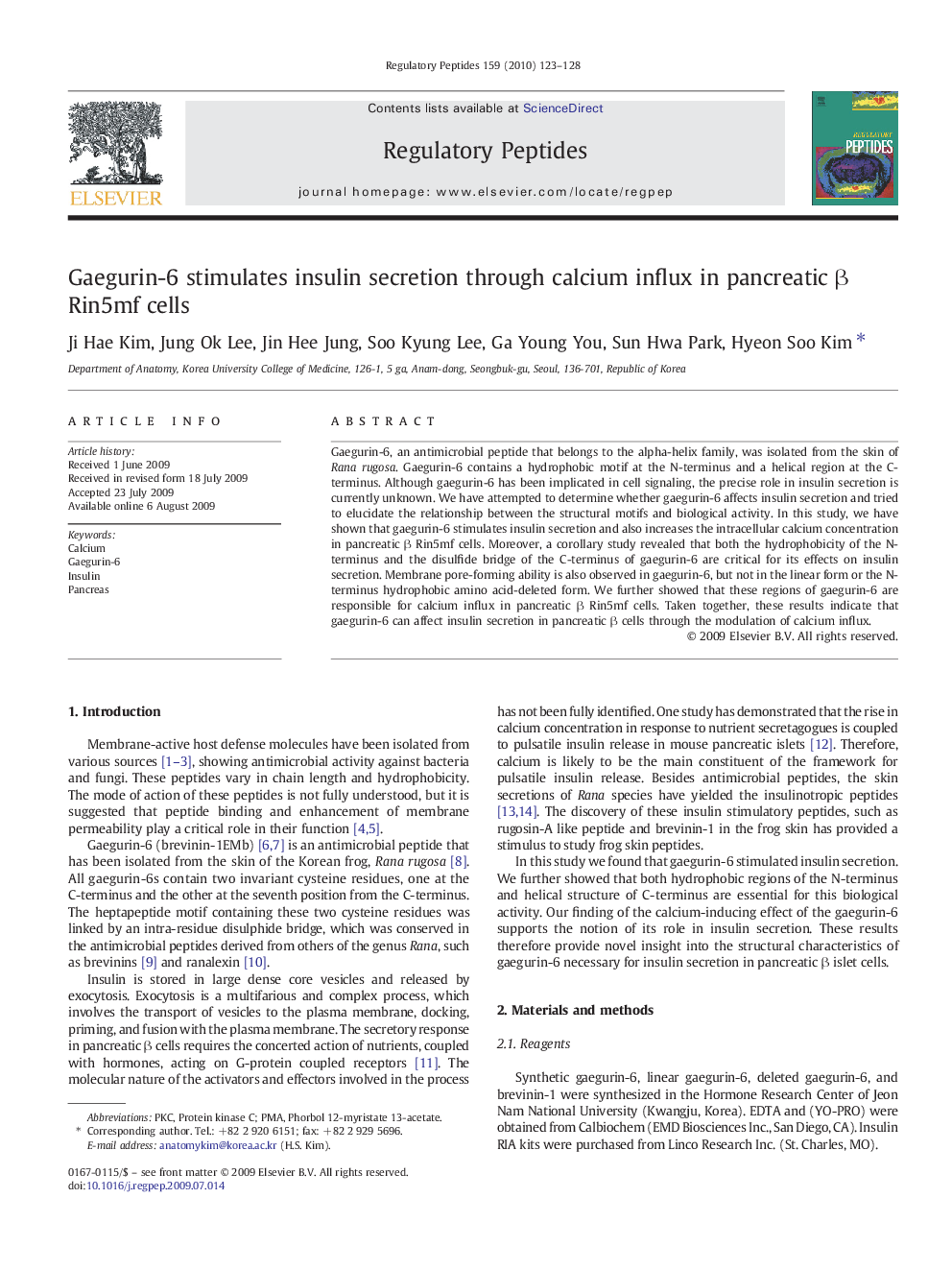 Gaegurin-6 stimulates insulin secretion through calcium influx in pancreatic β Rin5mf cells