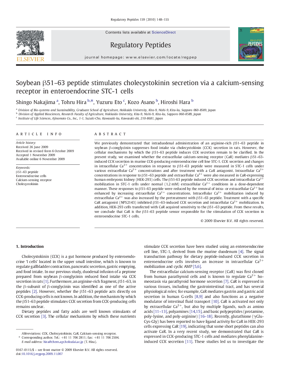 Soybean β51–63 peptide stimulates cholecystokinin secretion via a calcium-sensing receptor in enteroendocrine STC-1 cells