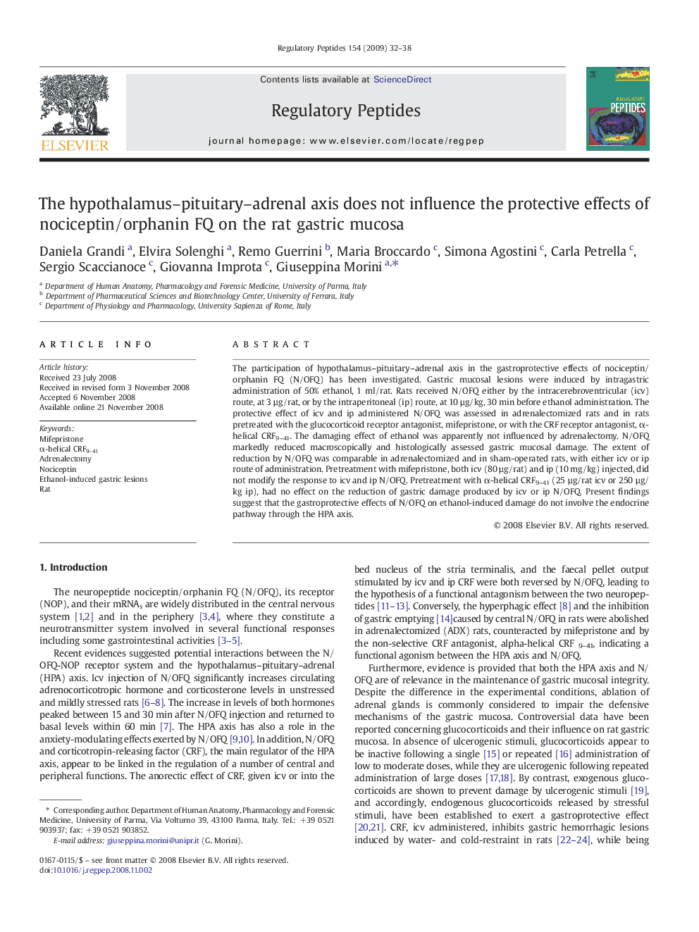 The hypothalamus–pituitary–adrenal axis does not influence the protective effects of nociceptin/orphanin FQ on the rat gastric mucosa