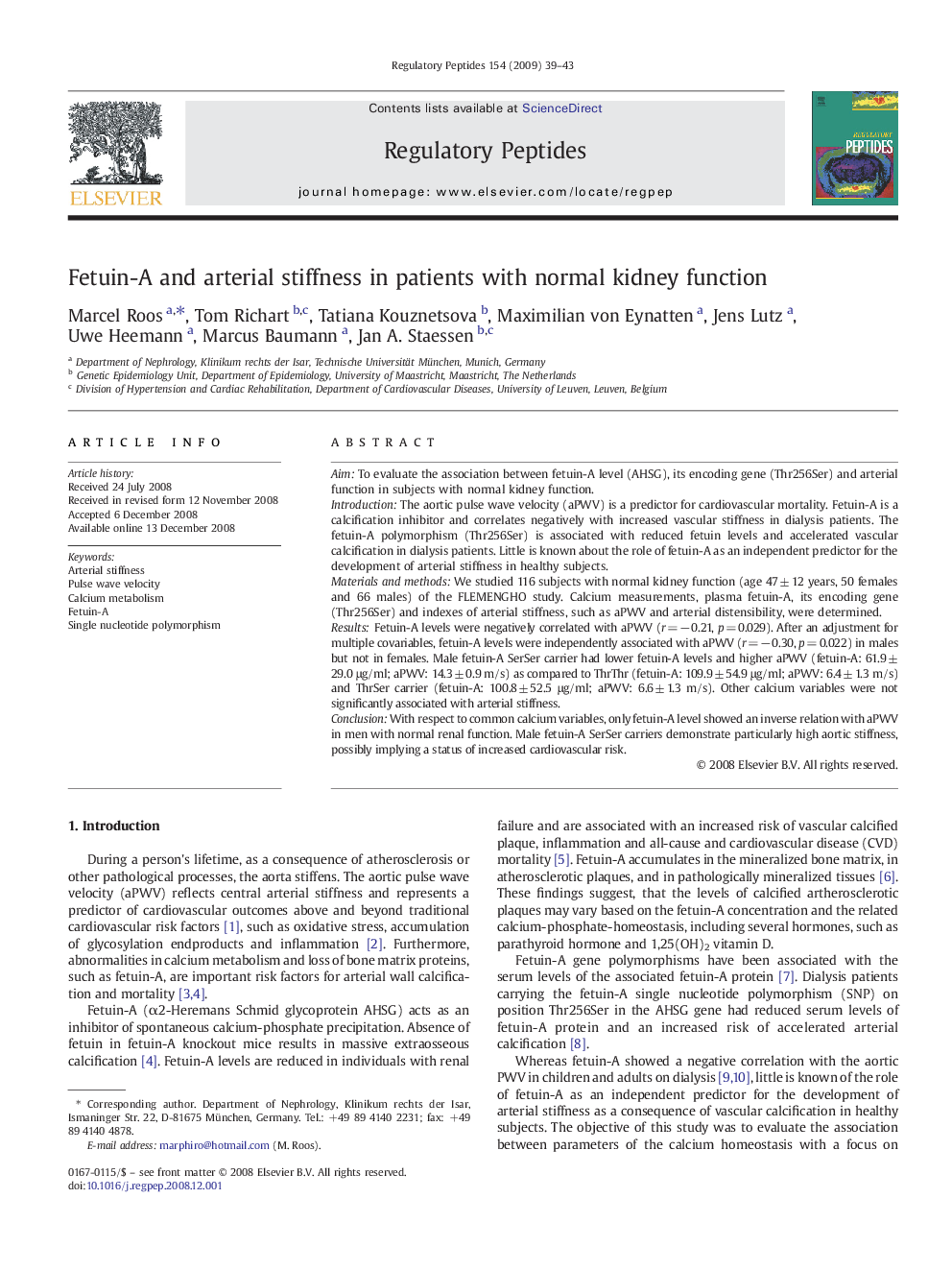 Fetuin-A and arterial stiffness in patients with normal kidney function