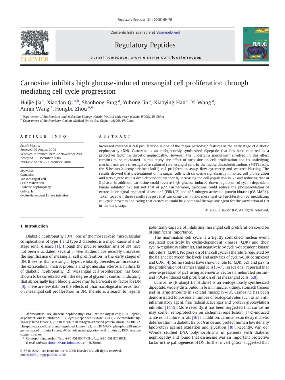 Carnosine inhibits high glucose-induced mesangial cell proliferation through mediating cell cycle progression