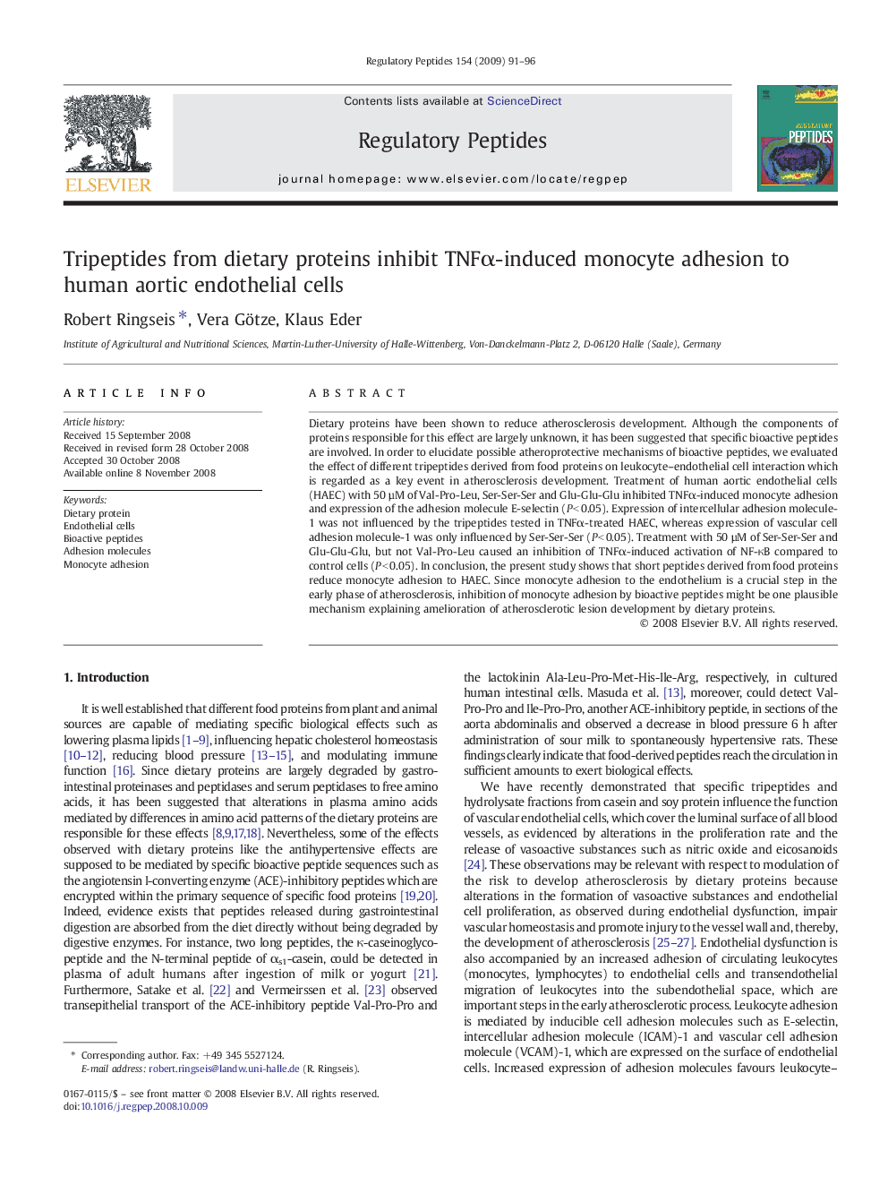 Tripeptides from dietary proteins inhibit TNFÎ±-induced monocyte adhesion to human aortic endothelial cells