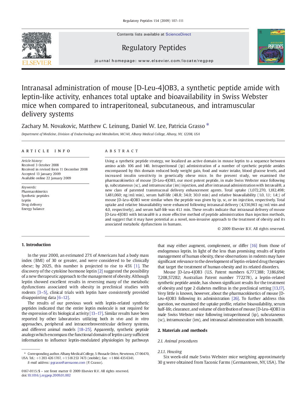 Intranasal administration of mouse [D-Leu-4]OB3, a synthetic peptide amide with leptin-like activity, enhances total uptake and bioavailability in Swiss Webster mice when compared to intraperitoneal, subcutaneous, and intramuscular delivery systems