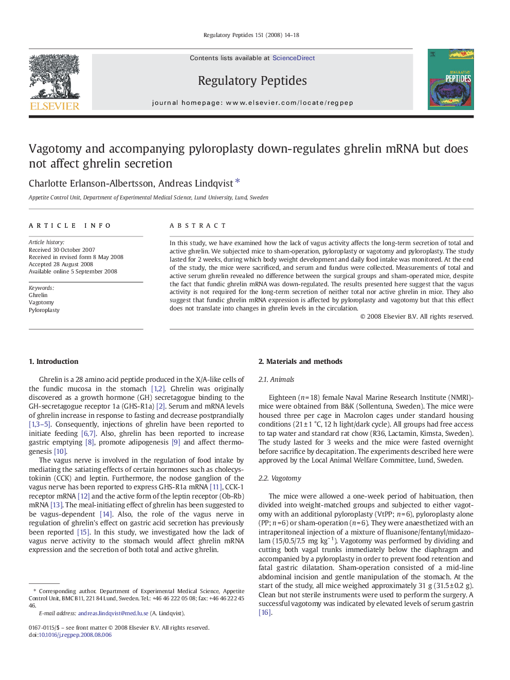 Vagotomy and accompanying pyloroplasty down-regulates ghrelin mRNA but does not affect ghrelin secretion