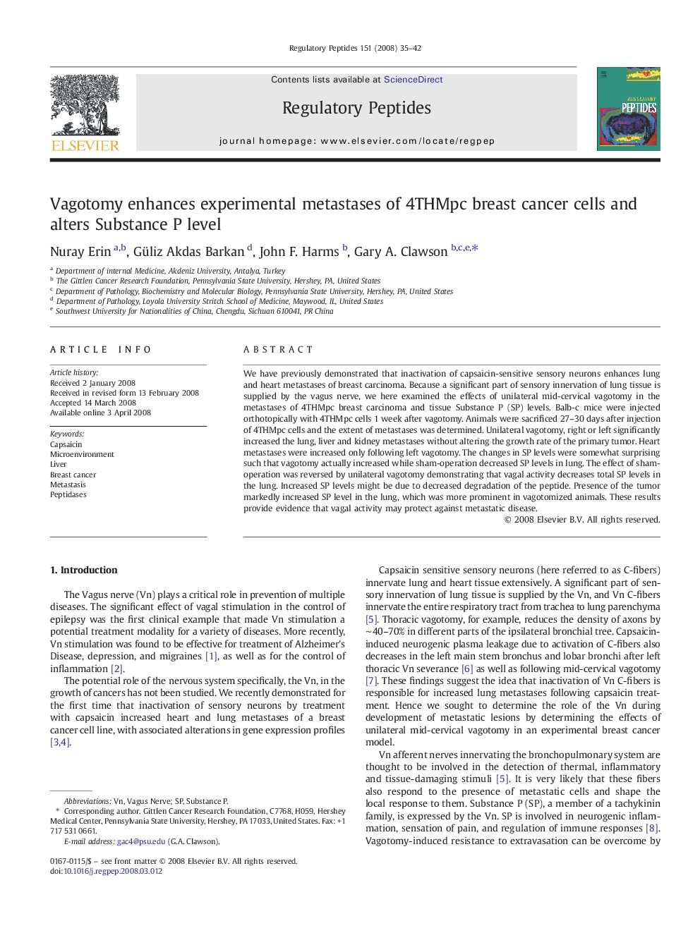 Vagotomy enhances experimental metastases of 4THMpc breast cancer cells and alters Substance P level