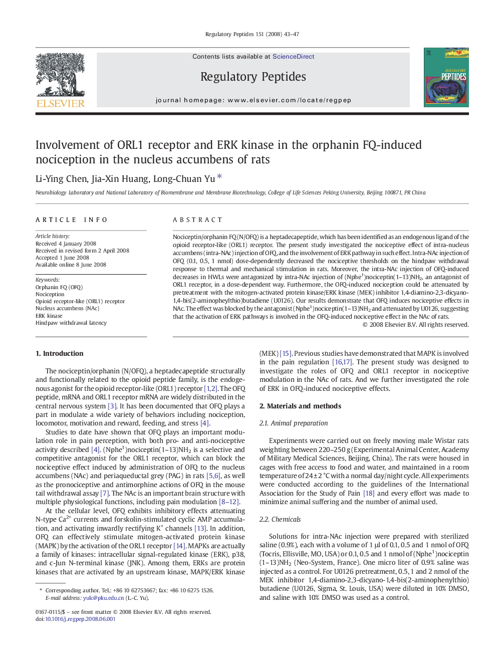 Involvement of ORL1 receptor and ERK kinase in the orphanin FQ-induced nociception in the nucleus accumbens of rats