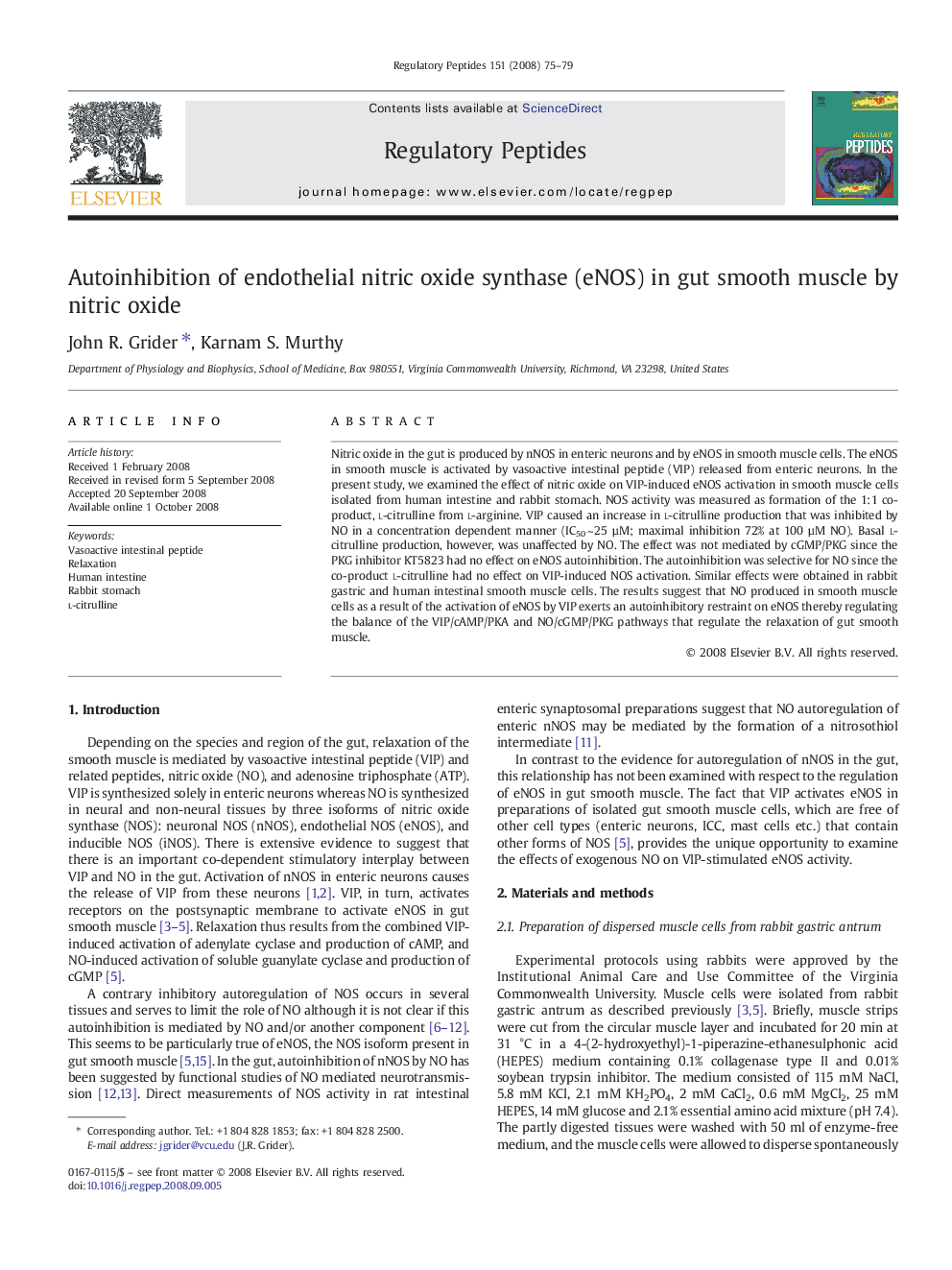 Autoinhibition of endothelial nitric oxide synthase (eNOS) in gut smooth muscle by nitric oxide