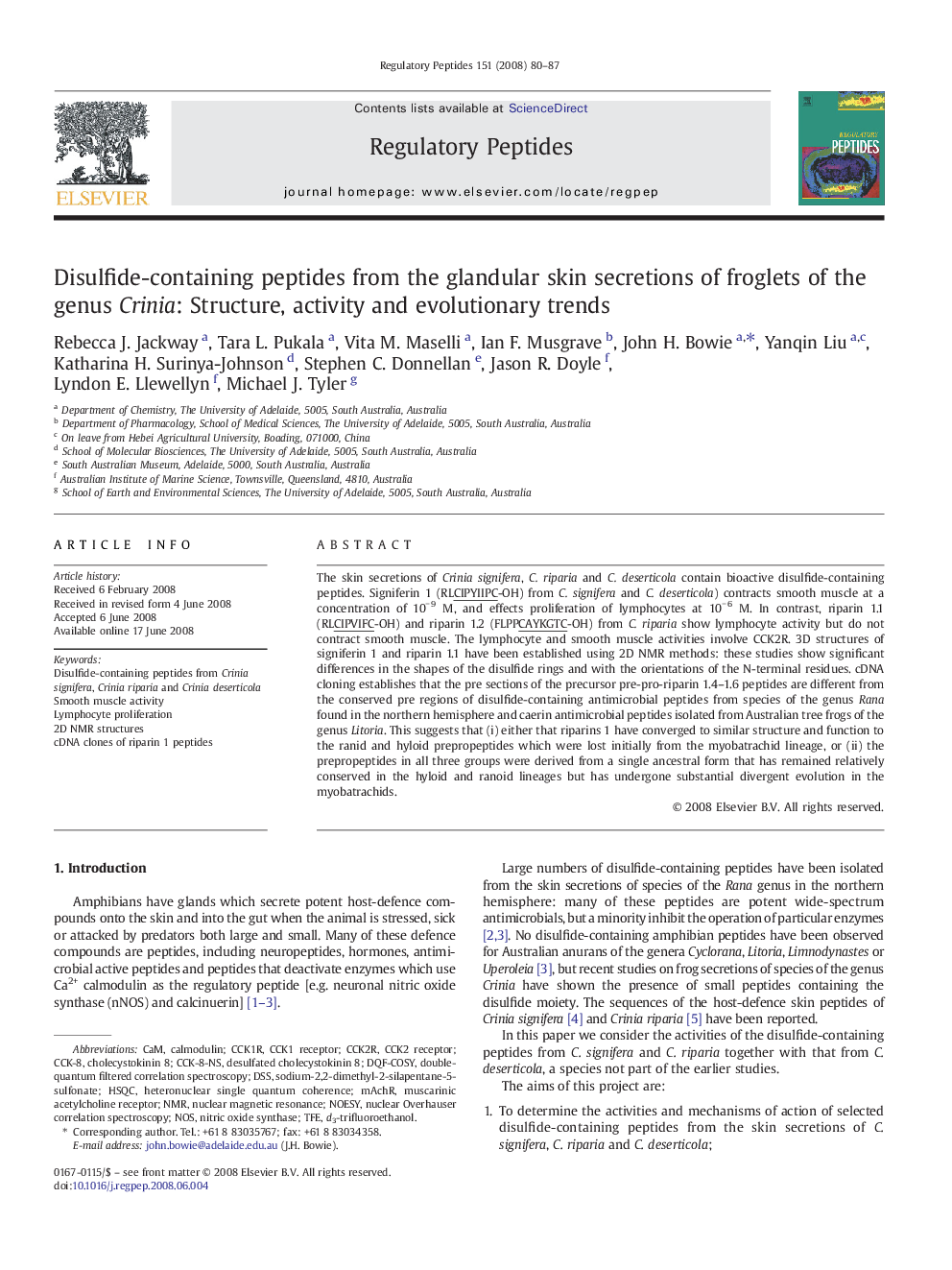 Disulfide-containing peptides from the glandular skin secretions of froglets of the genus Crinia: Structure, activity and evolutionary trends