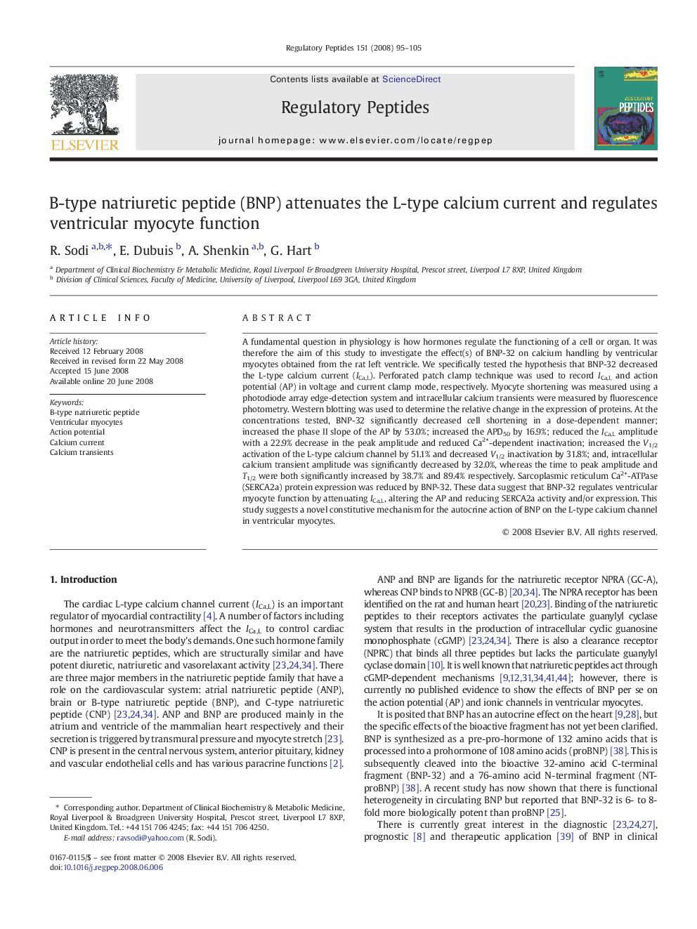 B-type natriuretic peptide (BNP) attenuates the L-type calcium current and regulates ventricular myocyte function