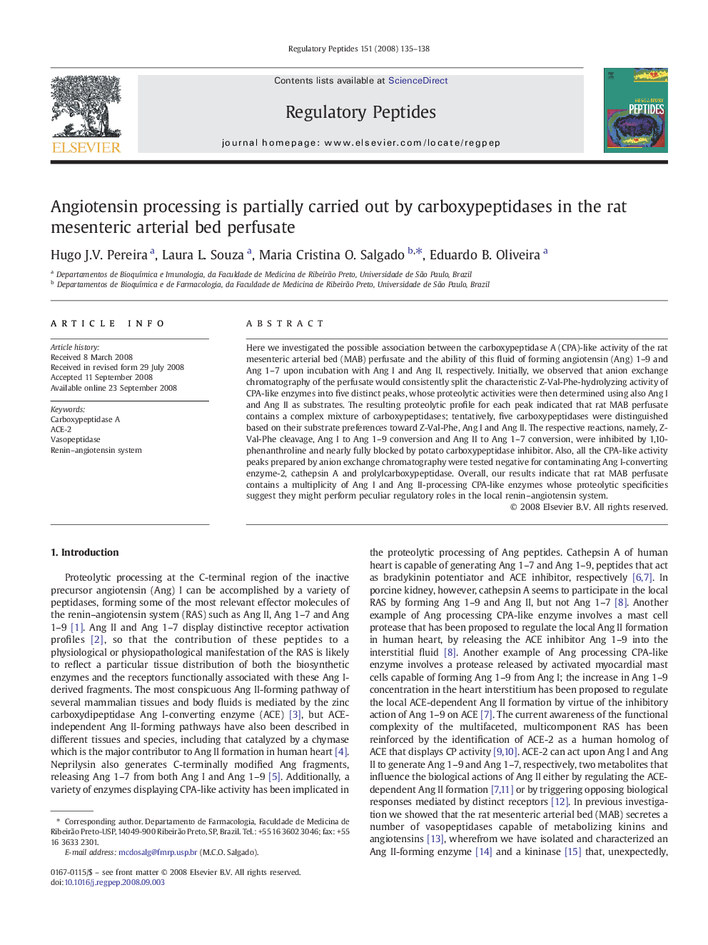 Angiotensin processing is partially carried out by carboxypeptidases in the rat mesenteric arterial bed perfusate