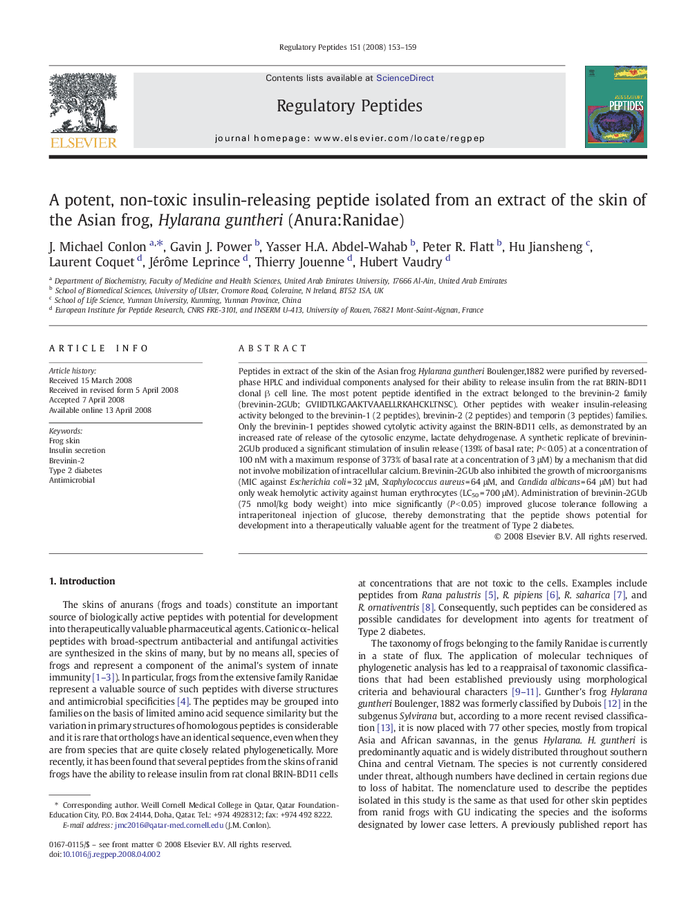 A potent, non-toxic insulin-releasing peptide isolated from an extract of the skin of the Asian frog, Hylarana guntheri (Anura:Ranidae)