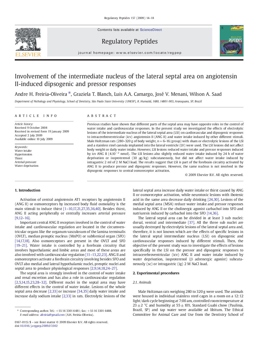 Involvement of the intermediate nucleus of the lateral septal area on angiotensin II-induced dipsogenic and pressor responses