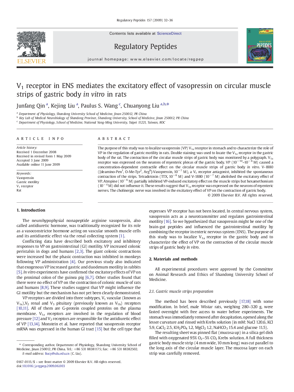 V1 receptor in ENS mediates the excitatory effect of vasopressin on circular muscle strips of gastric body in vitro in rats