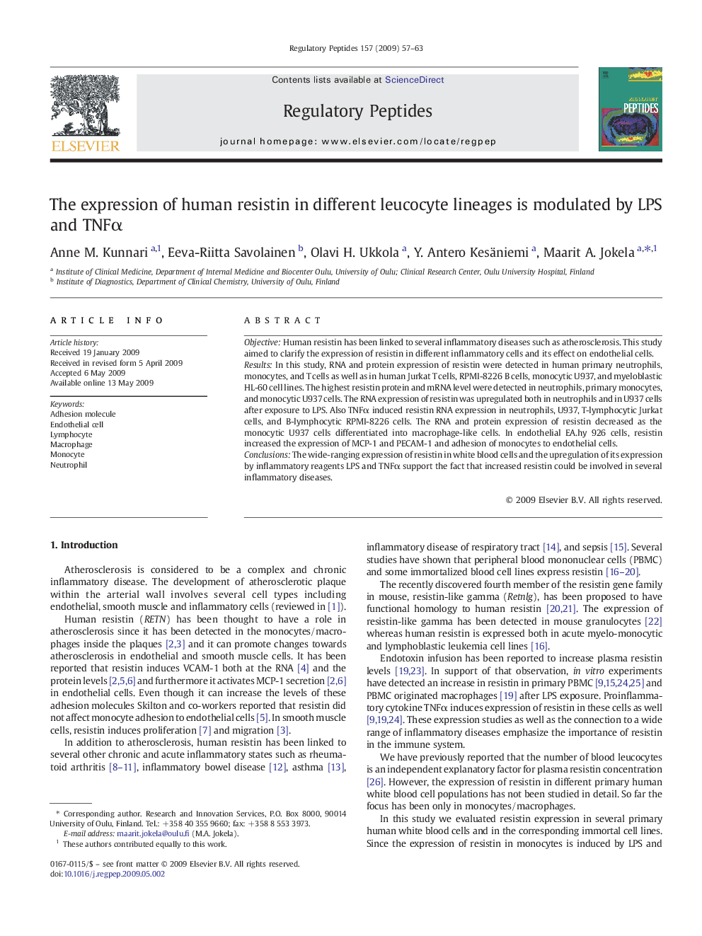 The expression of human resistin in different leucocyte lineages is modulated by LPS and TNFα