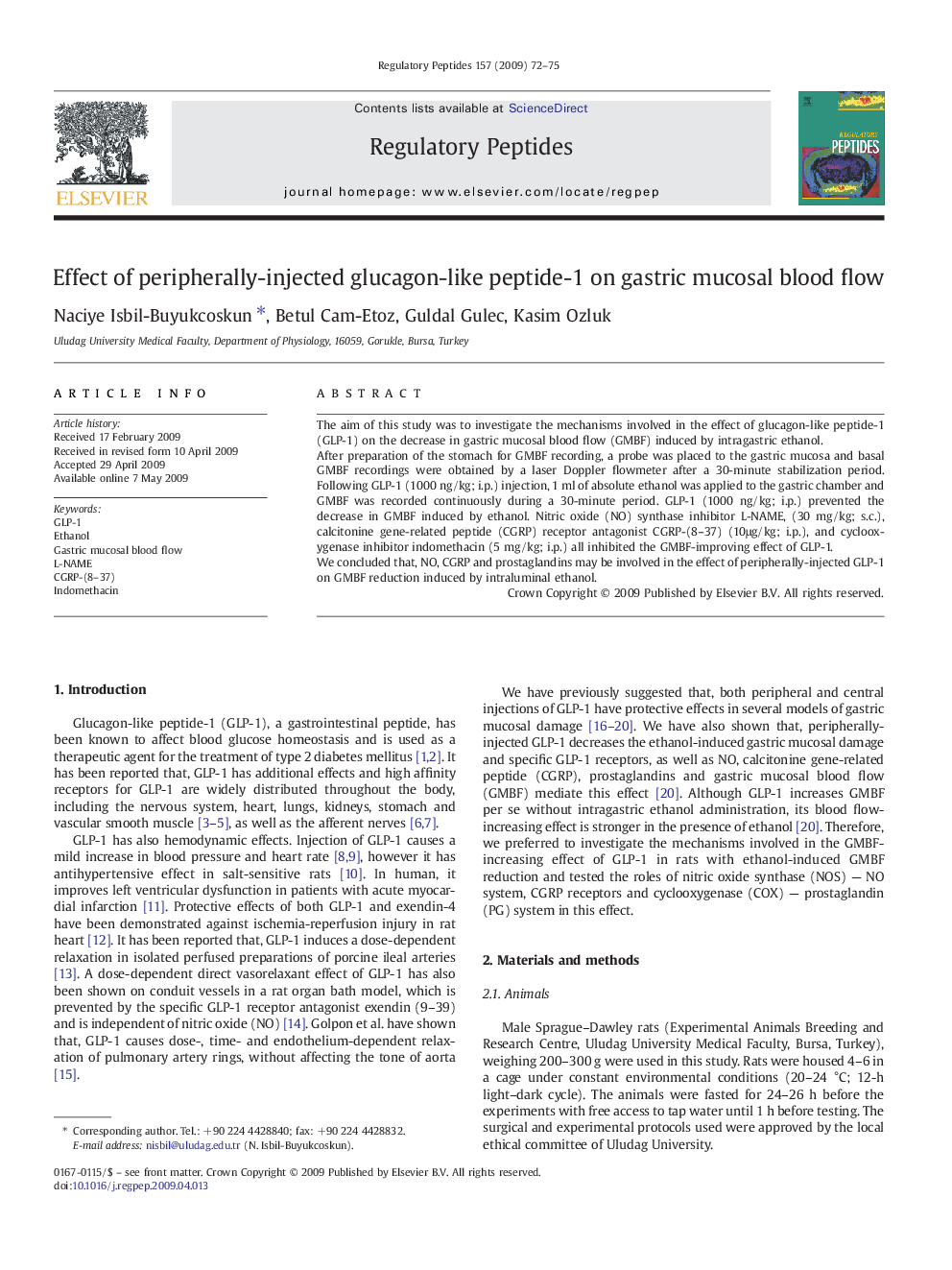 Effect of peripherally-injected glucagon-like peptide-1 on gastric mucosal blood flow