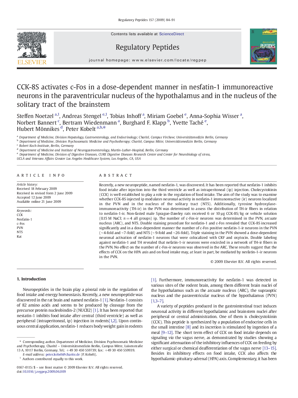 CCK-8S activates c-Fos in a dose-dependent manner in nesfatin-1 immunoreactive neurons in the paraventricular nucleus of the hypothalamus and in the nucleus of the solitary tract of the brainstem