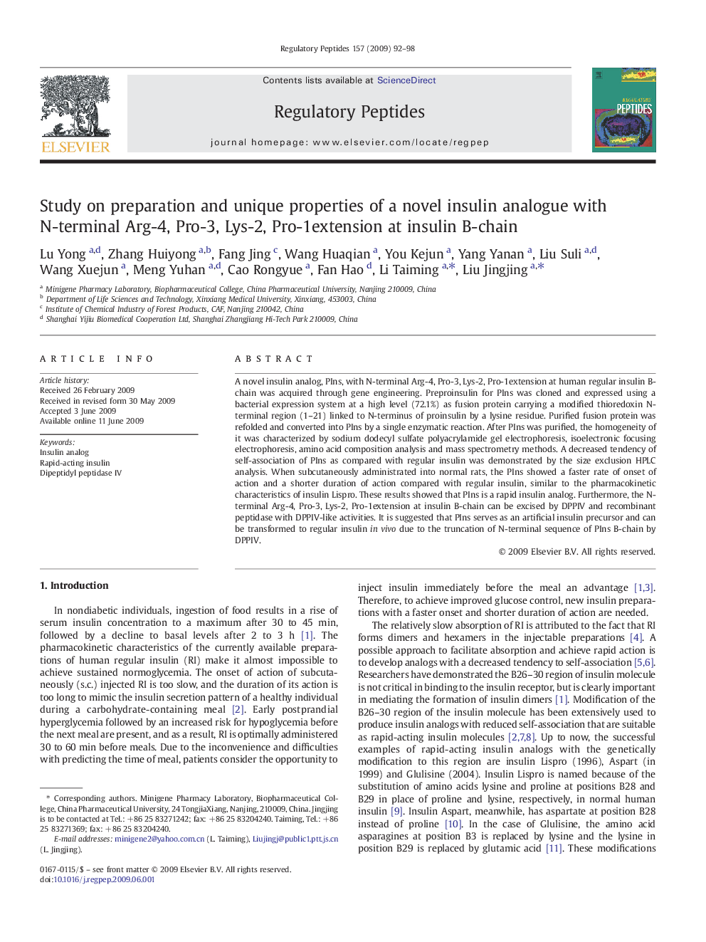 Study on preparation and unique properties of a novel insulin analogue with N-terminal Arg-4, Pro-3, Lys-2, Pro-1extension at insulin B-chain