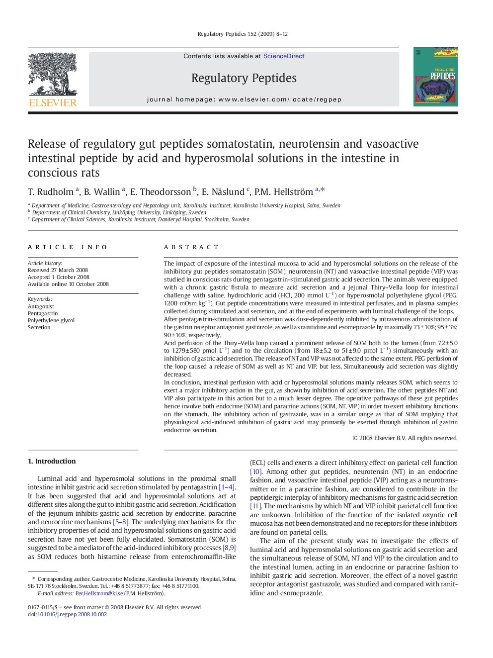 Release of regulatory gut peptides somatostatin, neurotensin and vasoactive intestinal peptide by acid and hyperosmolal solutions in the intestine in conscious rats