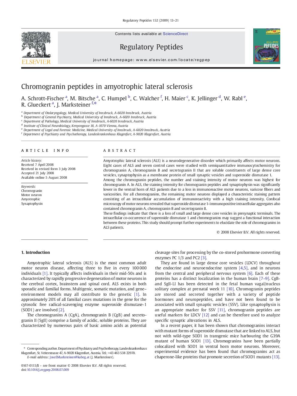 Chromogranin peptides in amyotrophic lateral sclerosis