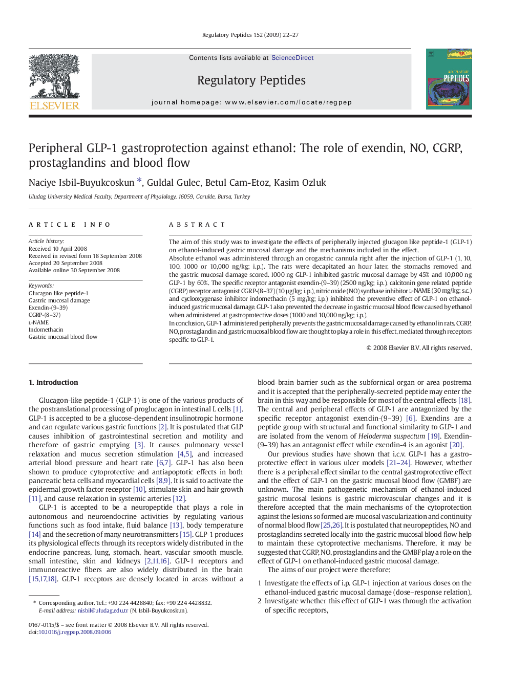 Peripheral GLP-1 gastroprotection against ethanol: The role of exendin, NO, CGRP, prostaglandins and blood flow