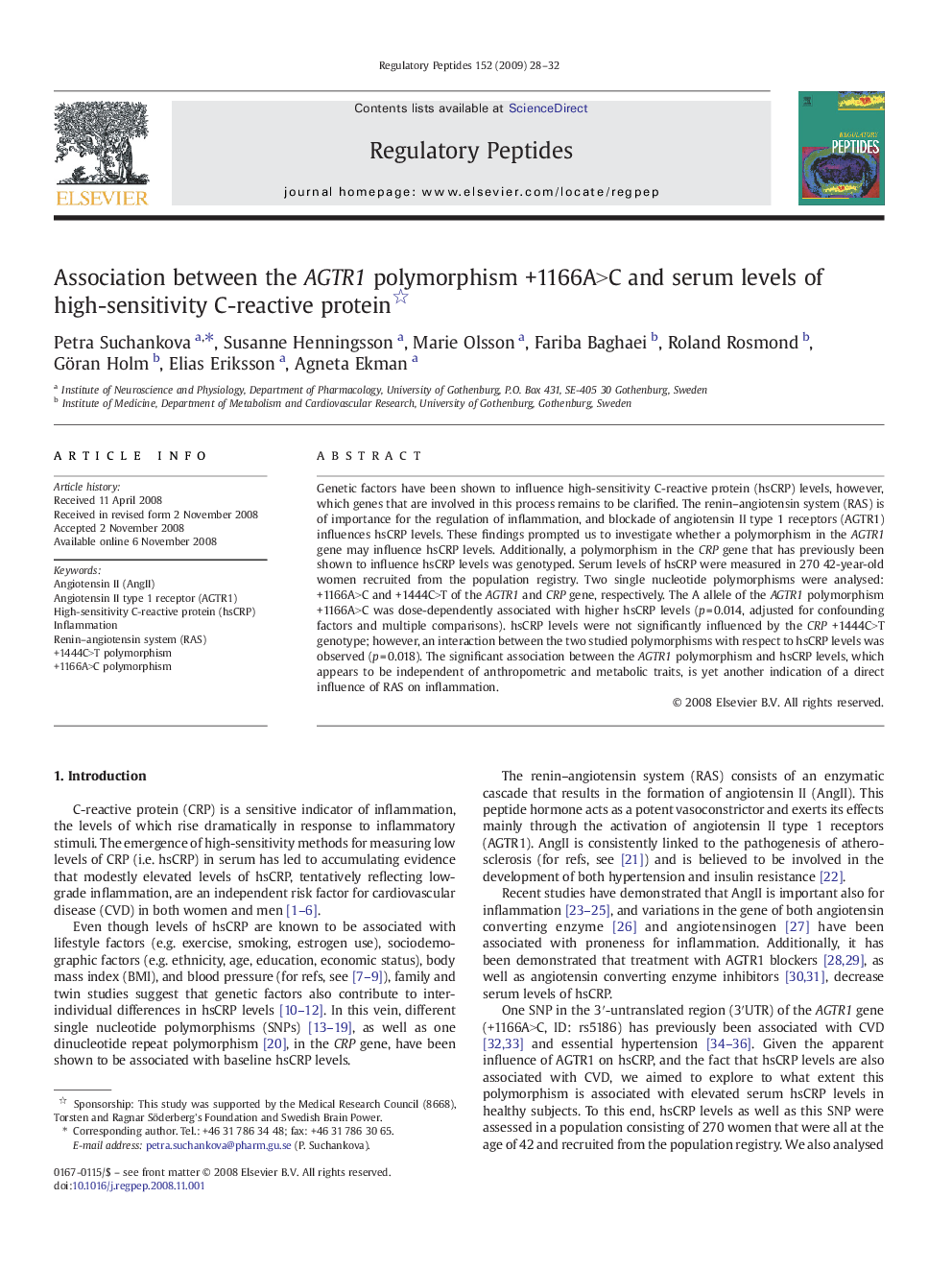 Association between the AGTR1 polymorphism +1166A>C and serum levels of high-sensitivity C-reactive protein 