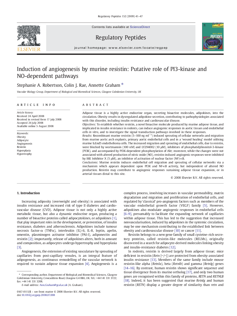 Induction of angiogenesis by murine resistin: Putative role of PI3-kinase and NO-dependent pathways