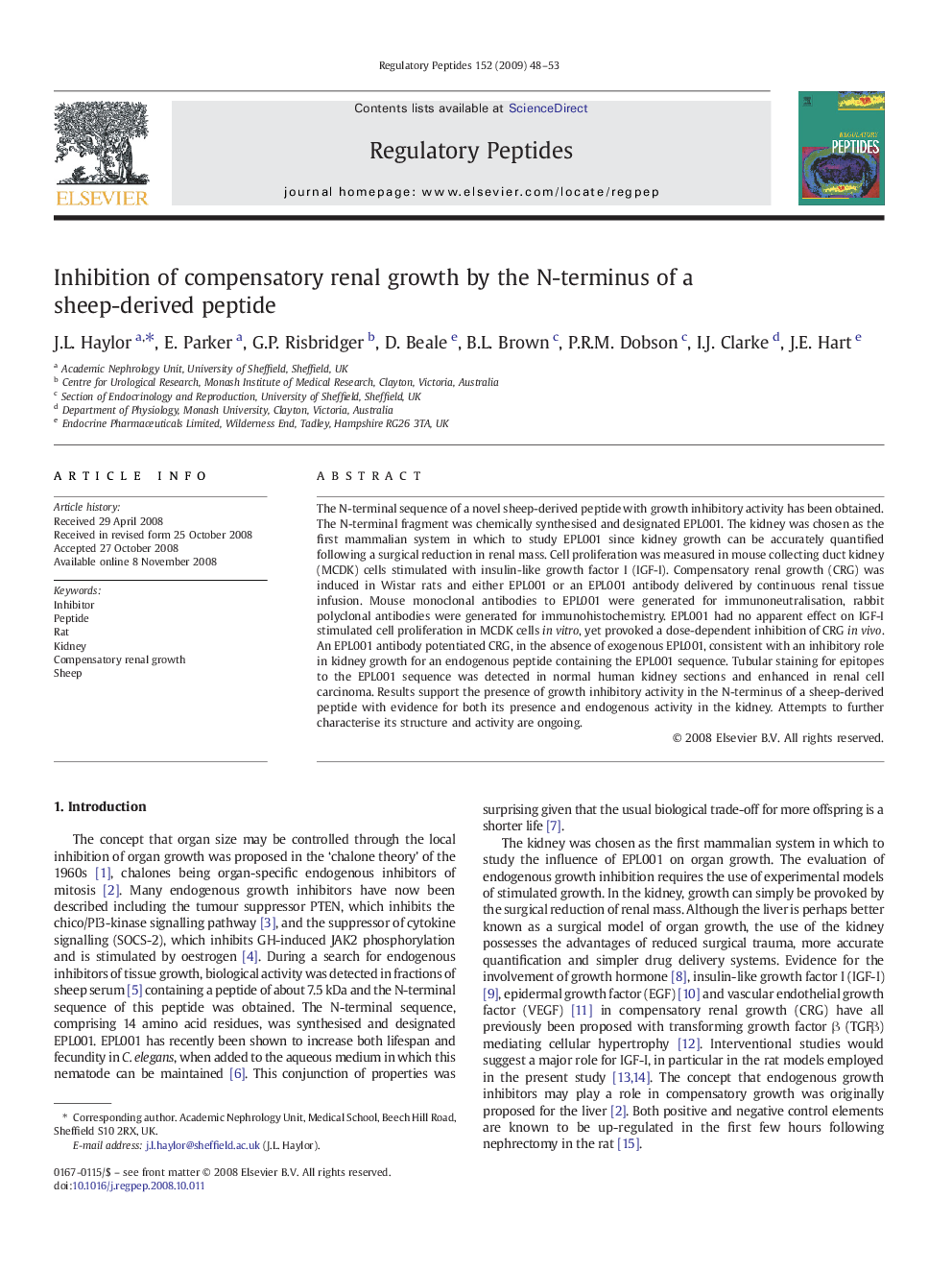 Inhibition of compensatory renal growth by the N-terminus of a sheep-derived peptide