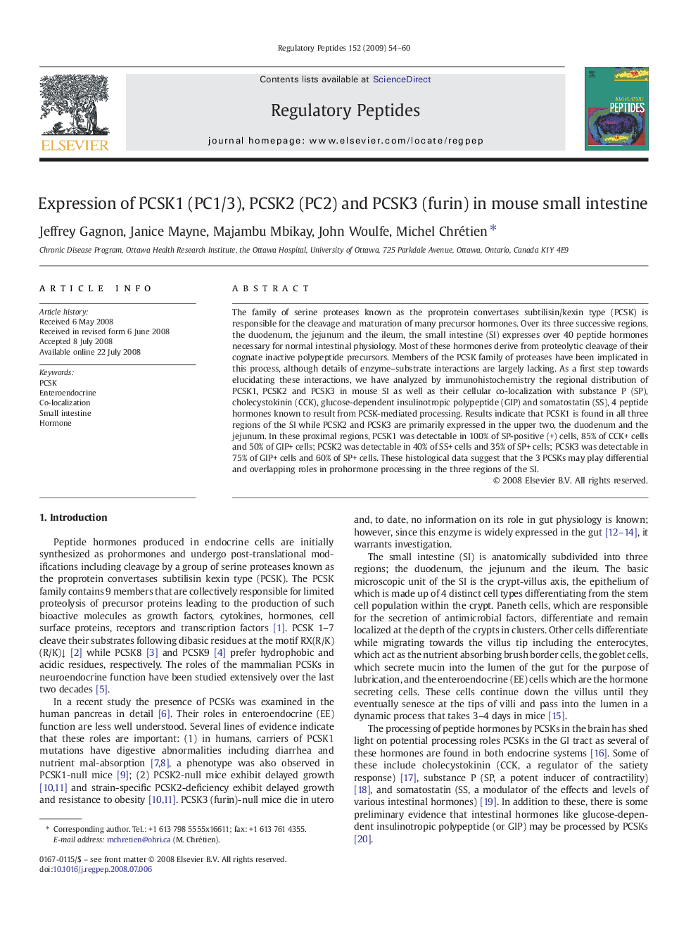 Expression of PCSK1 (PC1/3), PCSK2 (PC2) and PCSK3 (furin) in mouse small intestine