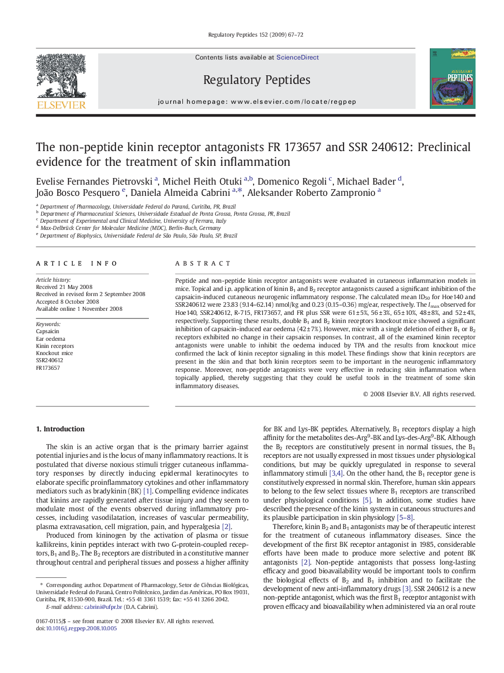 The non-peptide kinin receptor antagonists FR 173657 and SSR 240612: Preclinical evidence for the treatment of skin inflammation