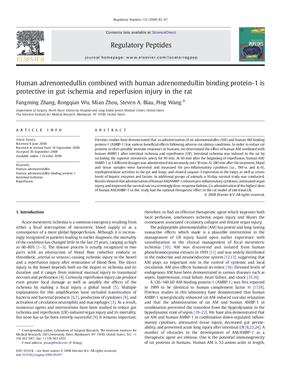 Human adrenomedullin combined with human adrenomedullin binding protein-1 is protective in gut ischemia and reperfusion injury in the rat