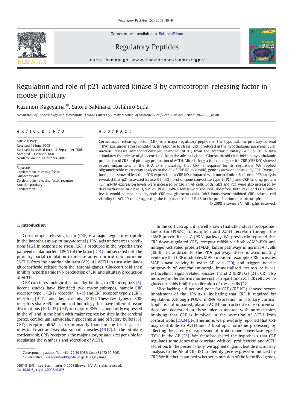 Regulation and role of p21-activated kinase 3 by corticotropin-releasing factor in mouse pituitary