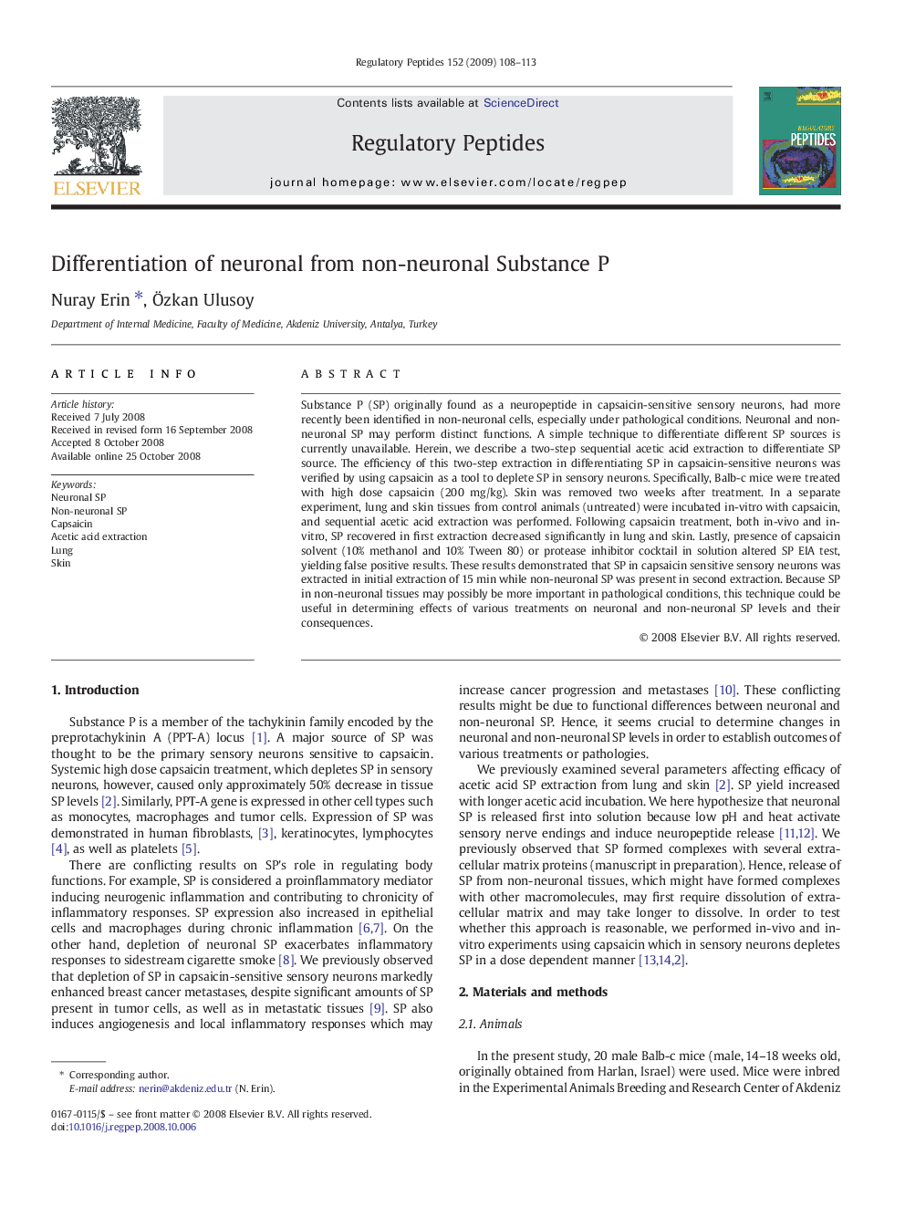 Differentiation of neuronal from non-neuronal Substance P