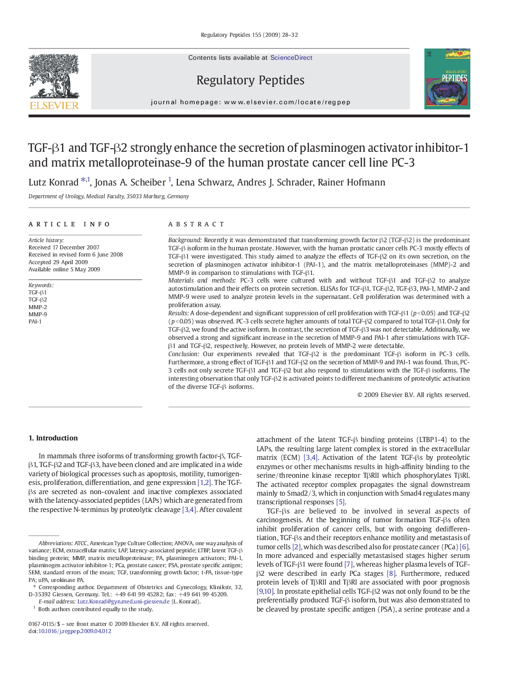 TGF-β1 and TGF-β2 strongly enhance the secretion of plasminogen activator inhibitor-1 and matrix metalloproteinase-9 of the human prostate cancer cell line PC-3