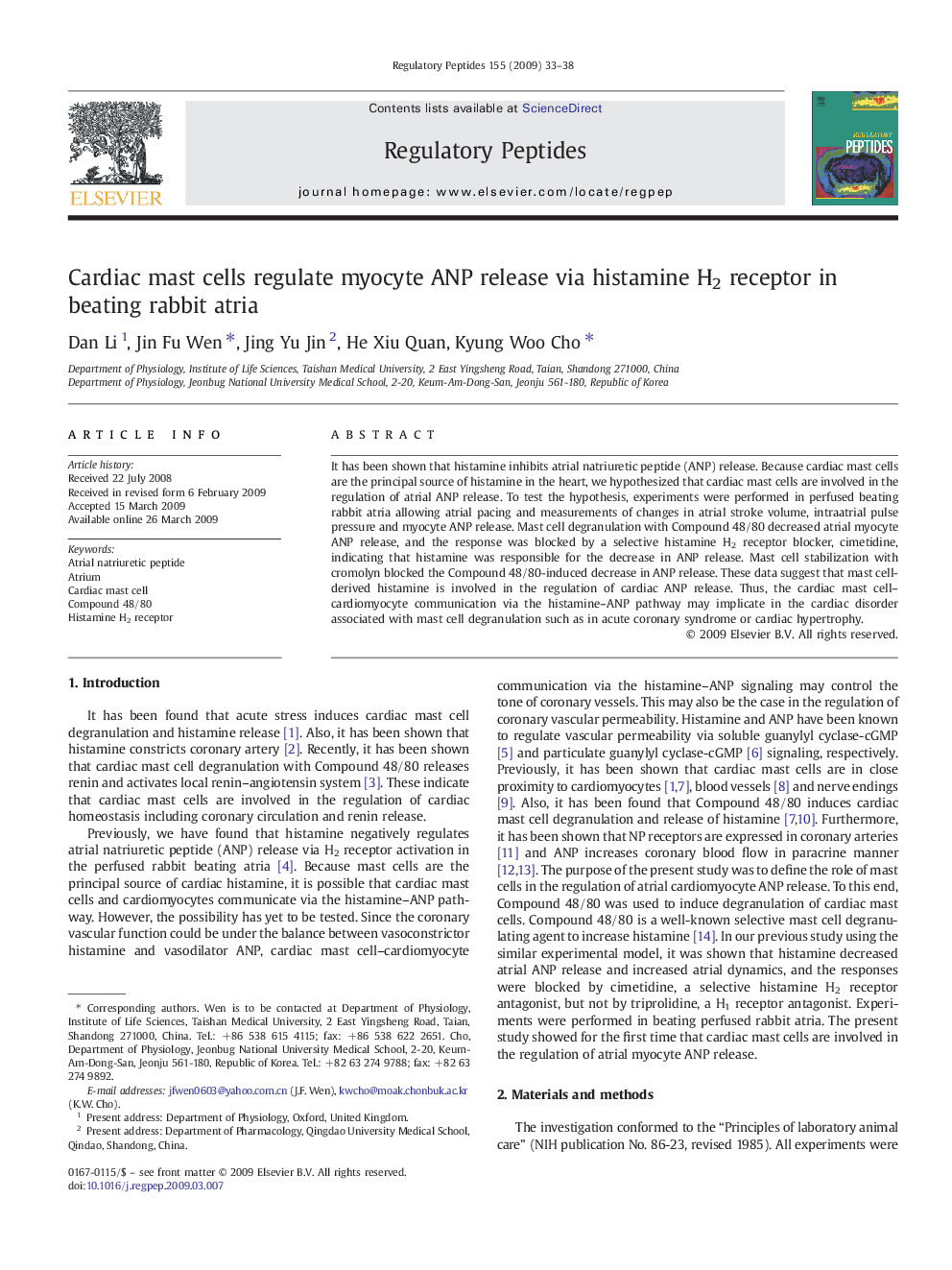 Cardiac mast cells regulate myocyte ANP release via histamine H2 receptor in beating rabbit atria