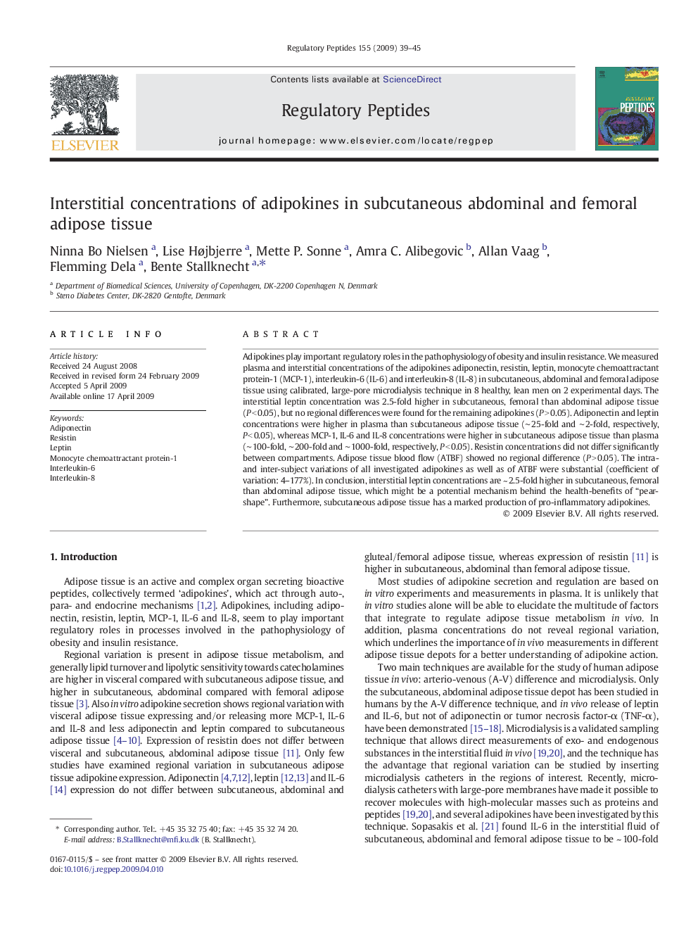 Interstitial concentrations of adipokines in subcutaneous abdominal and femoral adipose tissue