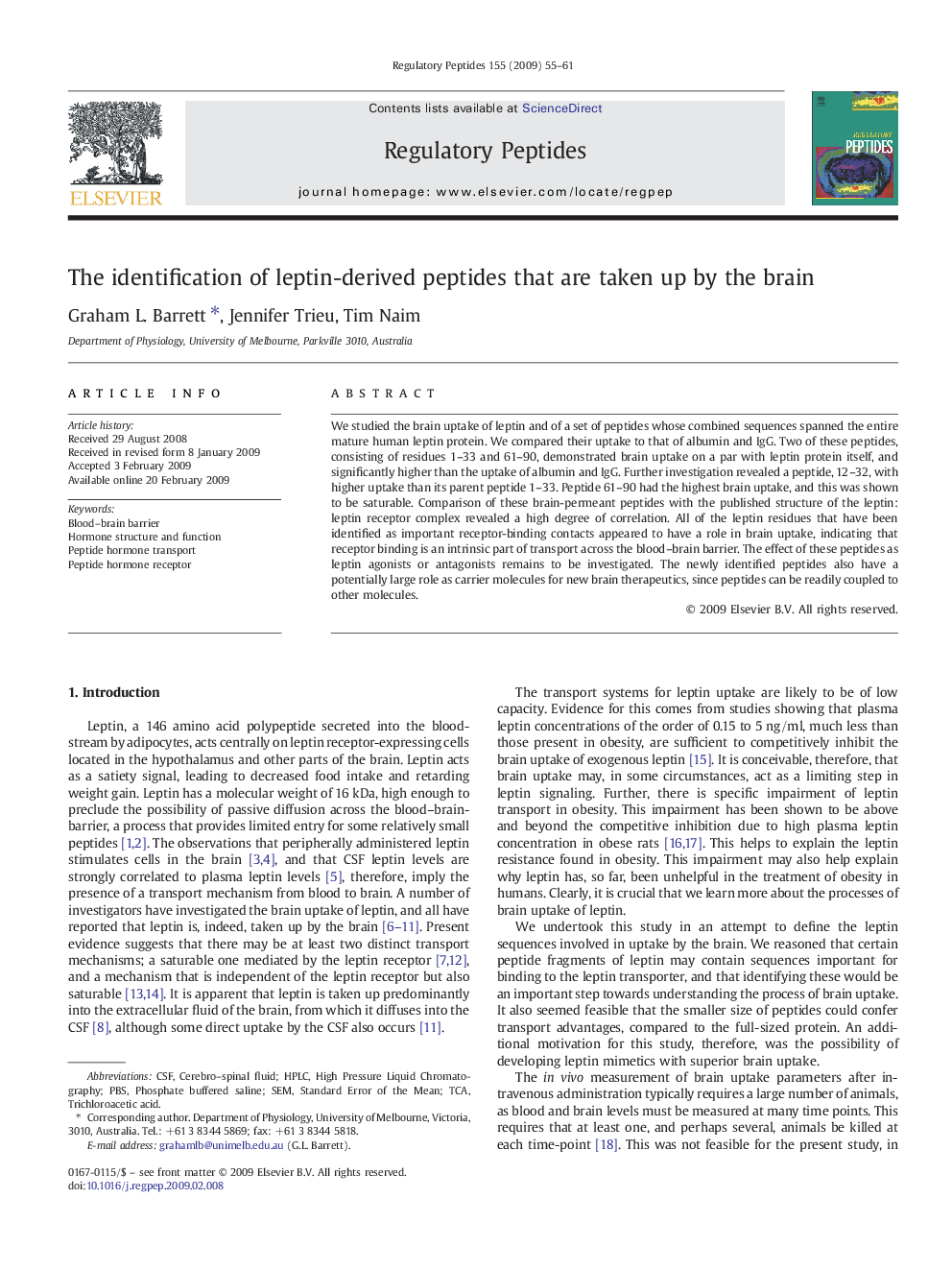 The identification of leptin-derived peptides that are taken up by the brain