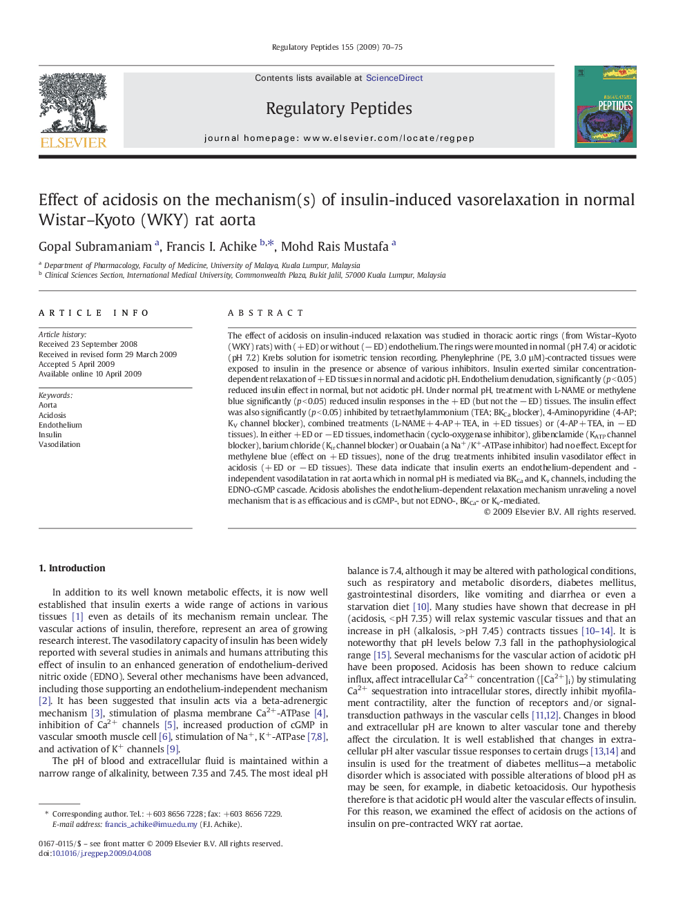 Effect of acidosis on the mechanism(s) of insulin-induced vasorelaxation in normal Wistar-Kyoto (WKY) rat aorta