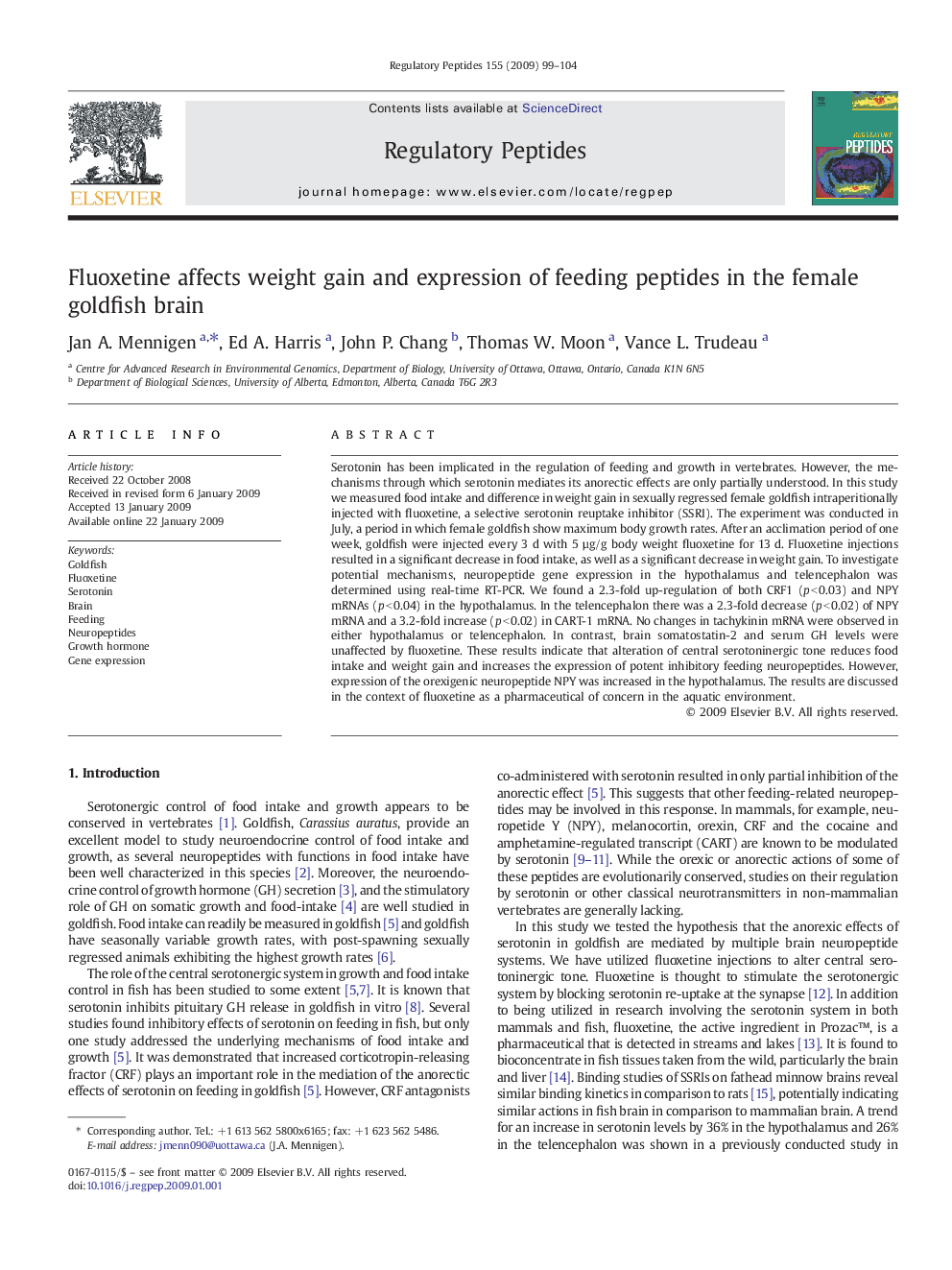 Fluoxetine affects weight gain and expression of feeding peptides in the female goldfish brain