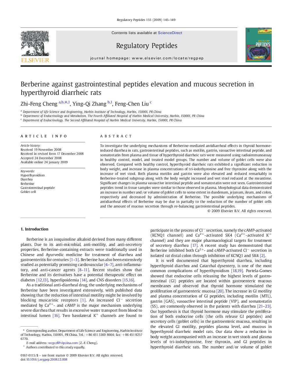 Berberine against gastrointestinal peptides elevation and mucous secretion in hyperthyroid diarrheic rats