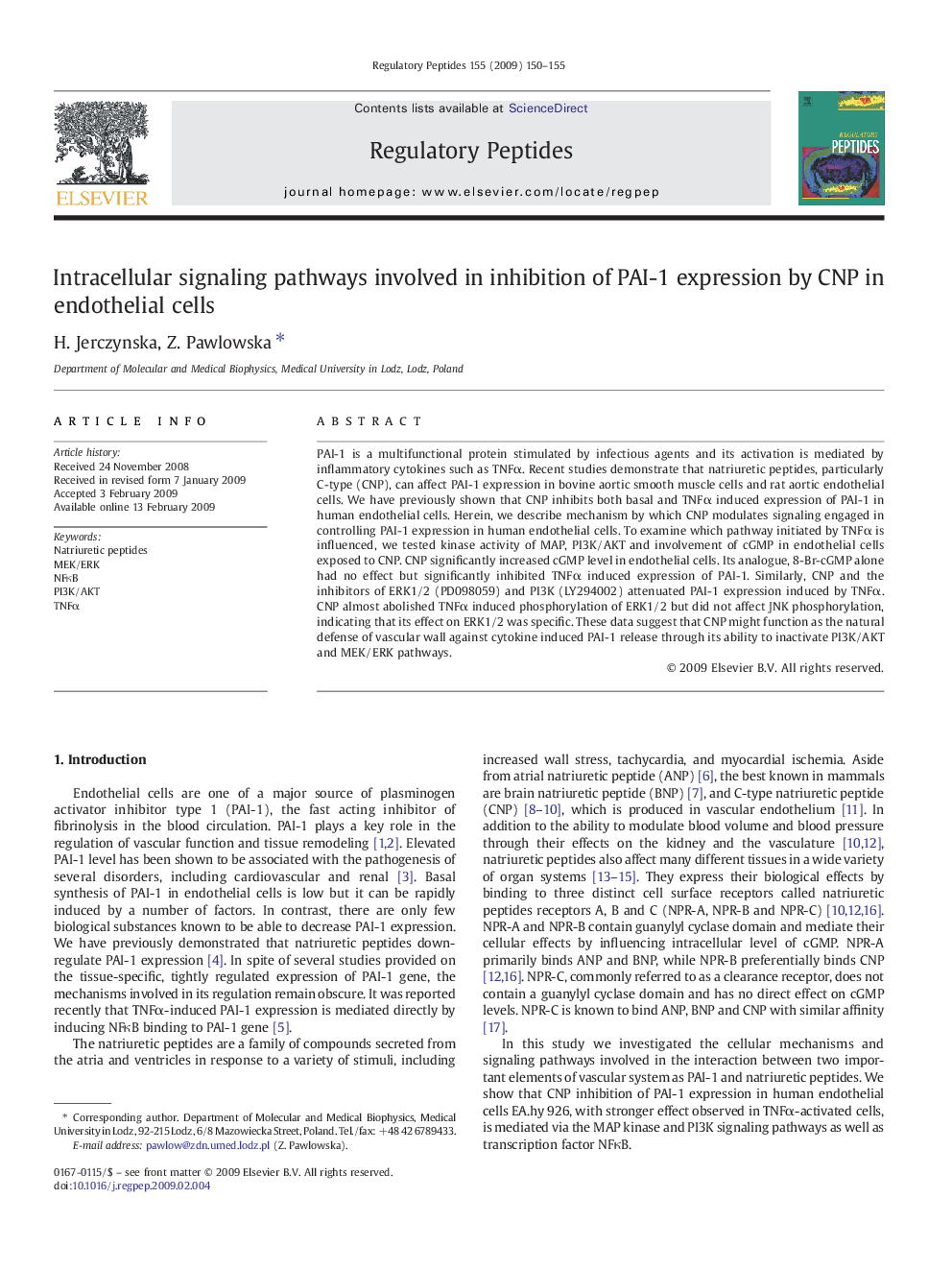 Intracellular signaling pathways involved in inhibition of PAI-1 expression by CNP in endothelial cells