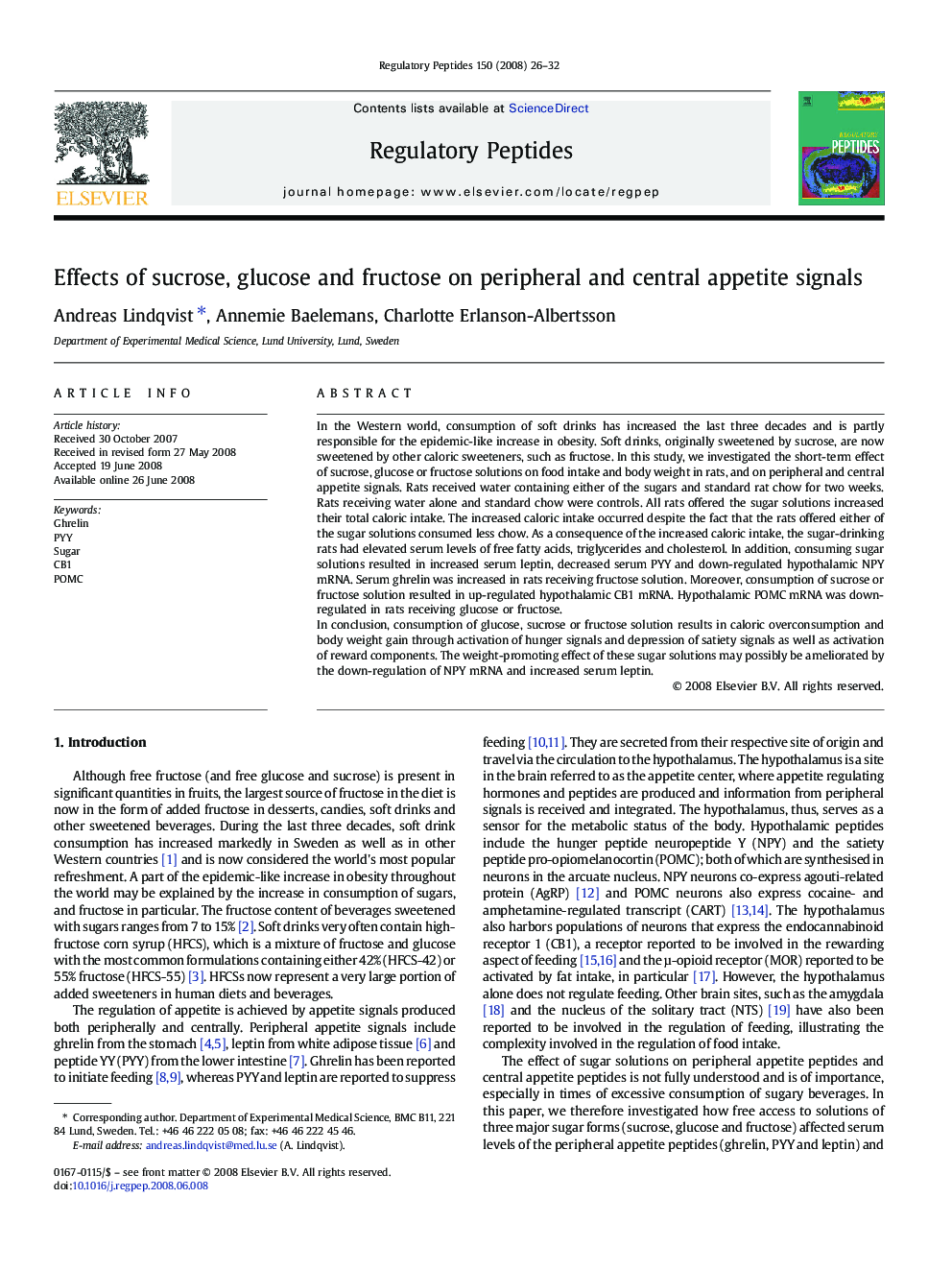 Effects of sucrose, glucose and fructose on peripheral and central appetite signals