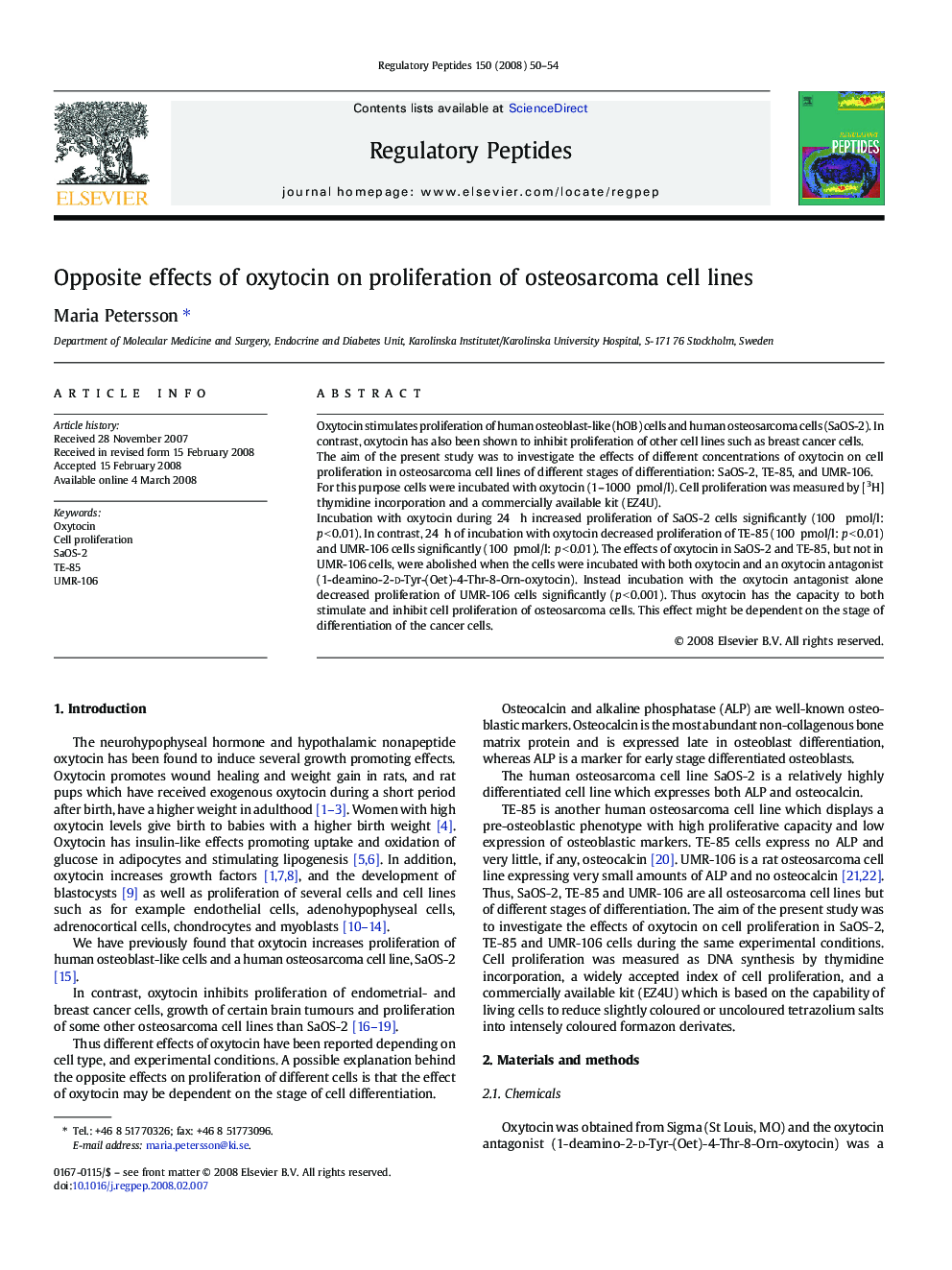 Opposite effects of oxytocin on proliferation of osteosarcoma cell lines