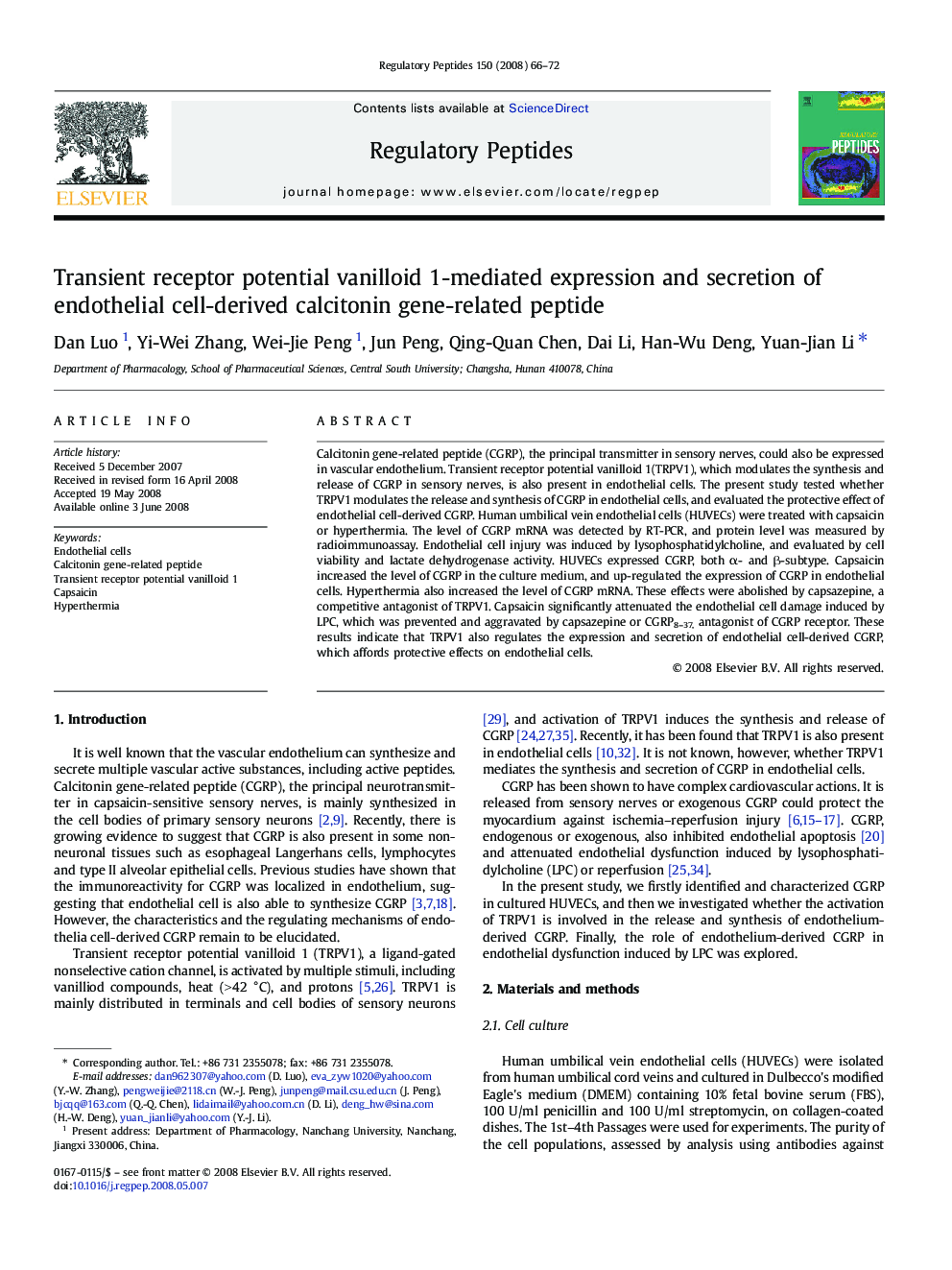 Transient receptor potential vanilloid 1-mediated expression and secretion of endothelial cell-derived calcitonin gene-related peptide