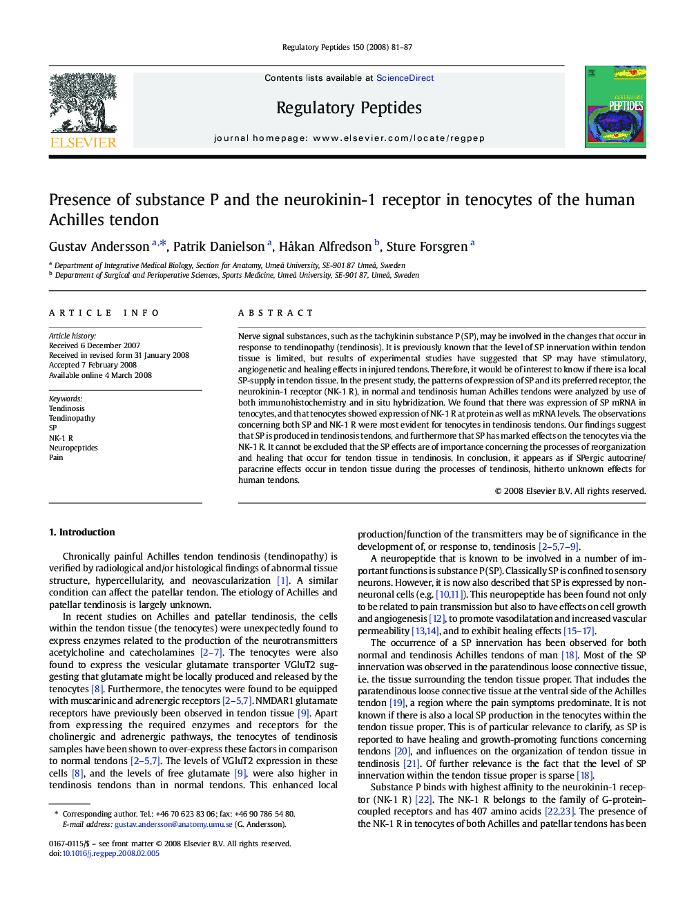 Presence of substance P and the neurokinin-1 receptor in tenocytes of the human Achilles tendon