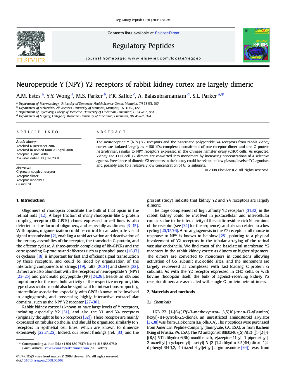 Neuropeptide Y (NPY) Y2 receptors of rabbit kidney cortex are largely dimeric